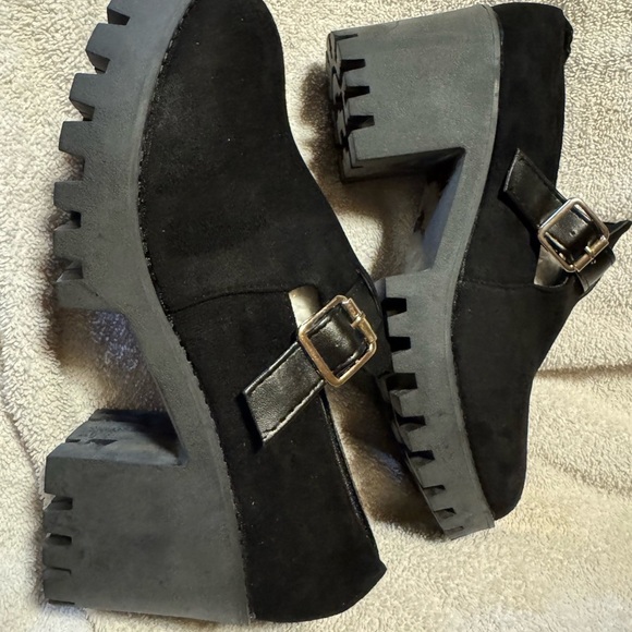 Shoes - Black Suede Platform Mary Jane Shoes with Chunky Sole